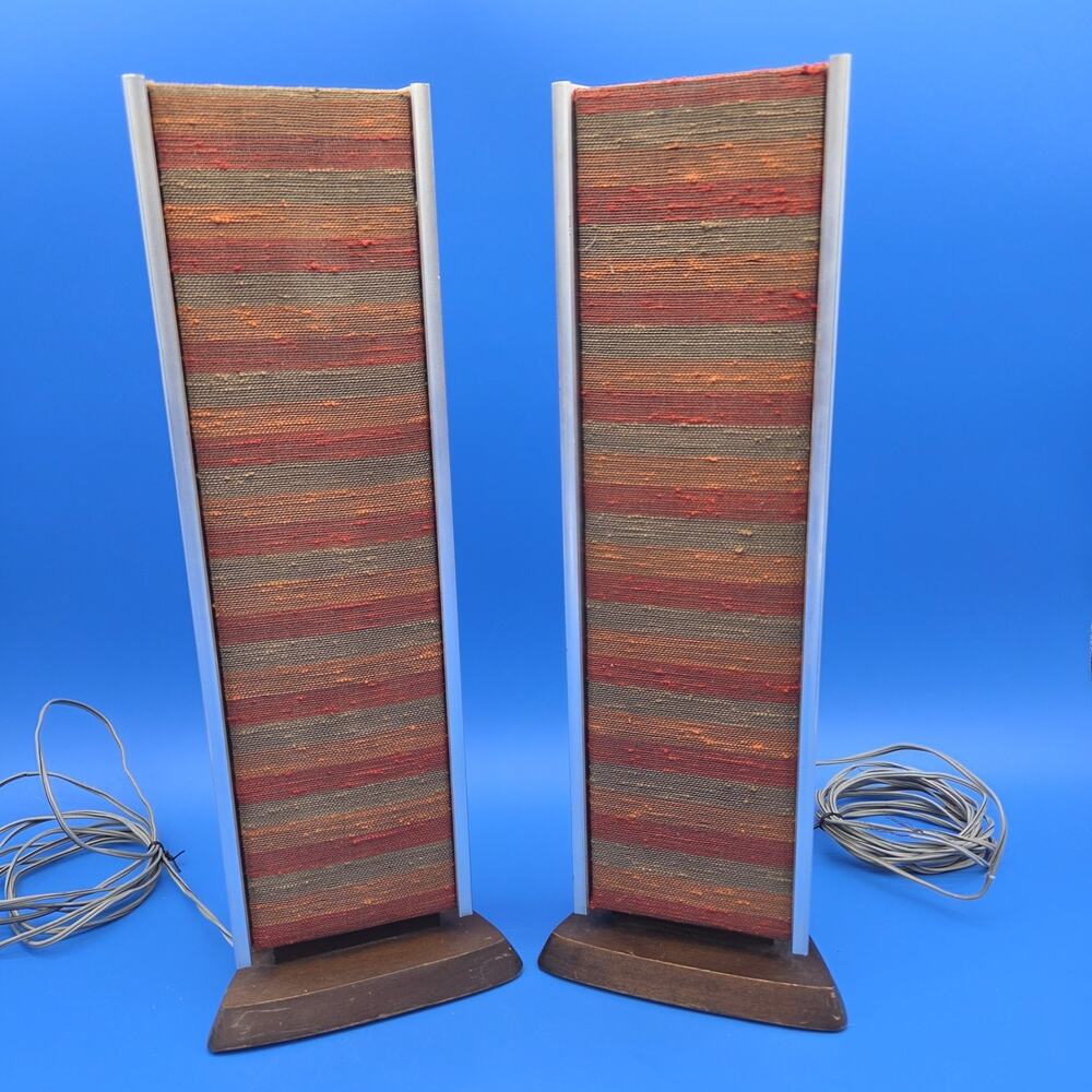 Vintage Oaktron Floor Speakers Pair Mid Century Modern Atomic Fabric Untested